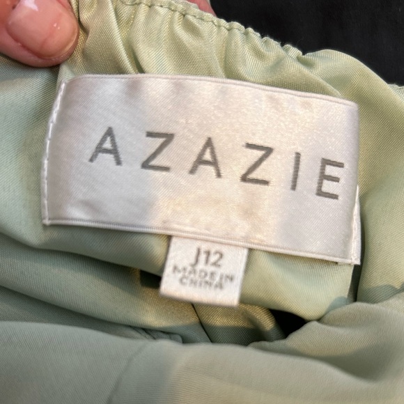 Azazie Sage Green Elegant Evening Gown with Tie Back in Teen Size 12 - Picture 8 of 13